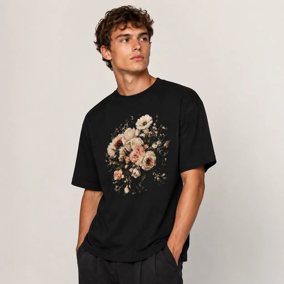 Women's black vintage floral graphic T-shirt styled mockup