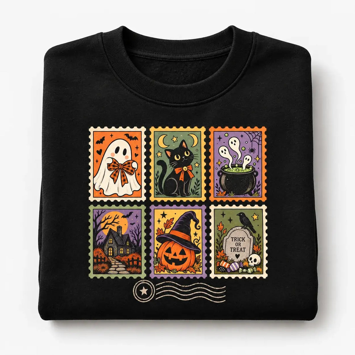 Black vintage Halloween postage stamp jumper folded flat lay on #f6f6f6 background