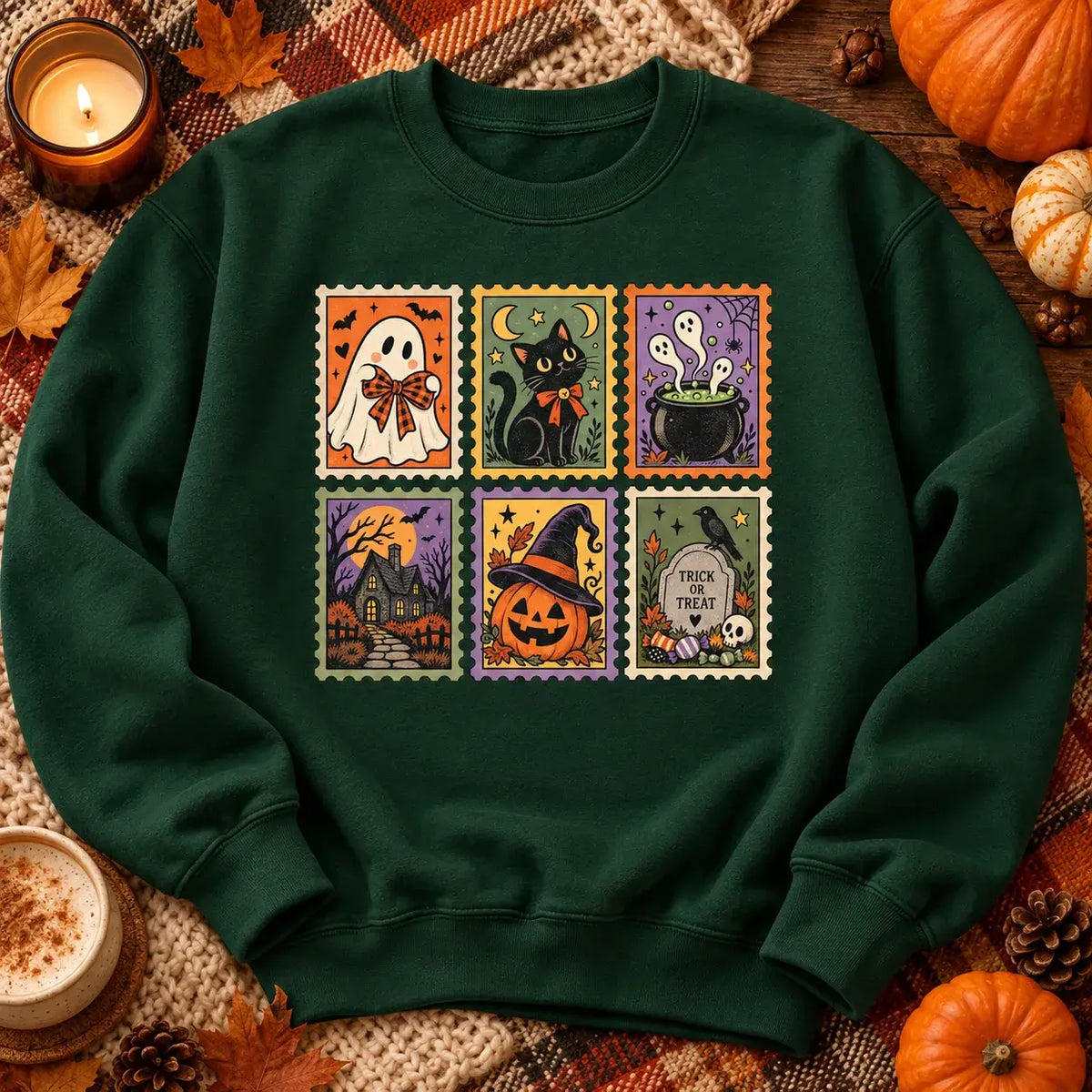 Bottle green vintage Halloween postage stamp jumper autumn flat lay