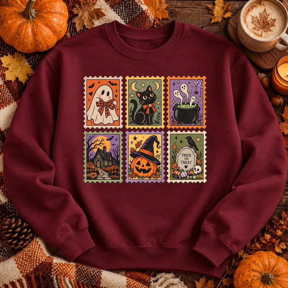 Burgundy vintage Halloween postage stamp jumper styled autumn flat lay