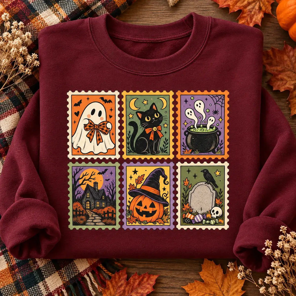 Burgundy vintage Halloween postage stamp jumper autumn flat lay