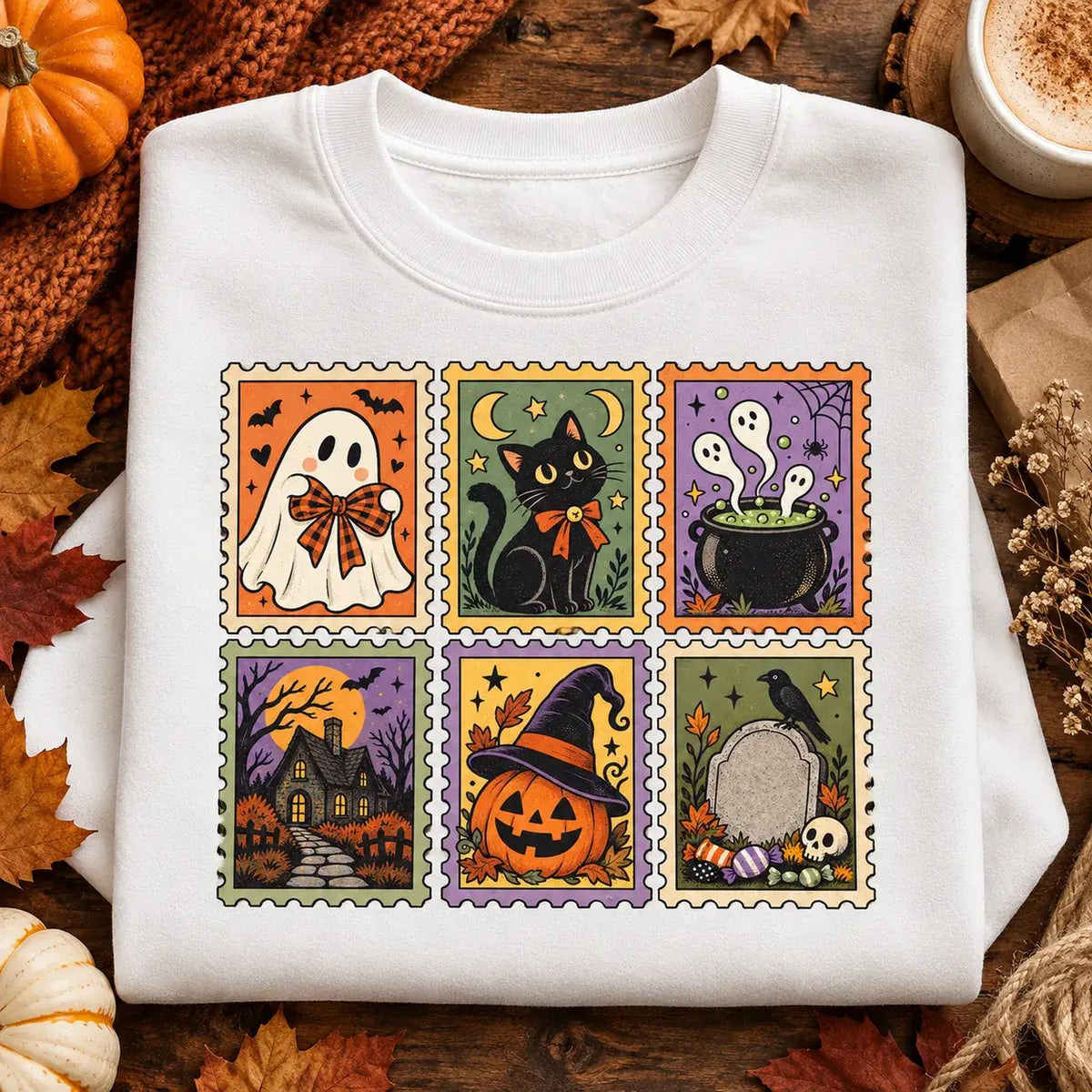 White vintage Halloween postage stamp jumper autumn flat lay
