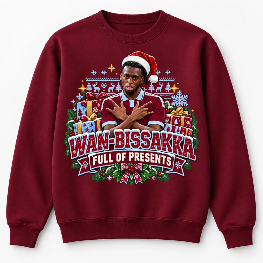 Burgundy Wan-Bissaka Aston Villa inspired Christmas jumper - Full of Presents