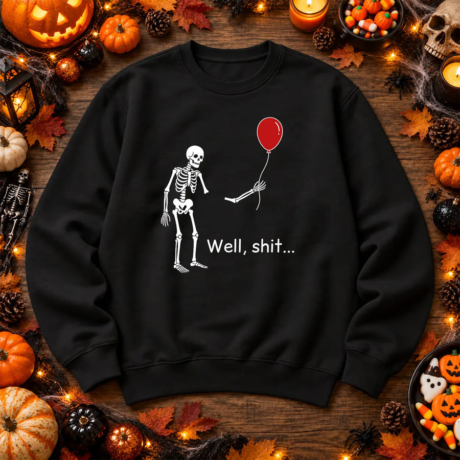Black Well shit skeleton Halloween jumper with red balloon