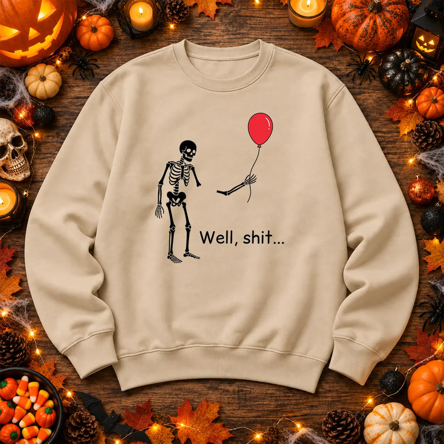 Natural Stone Well shit skeleton Halloween jumper with red balloon