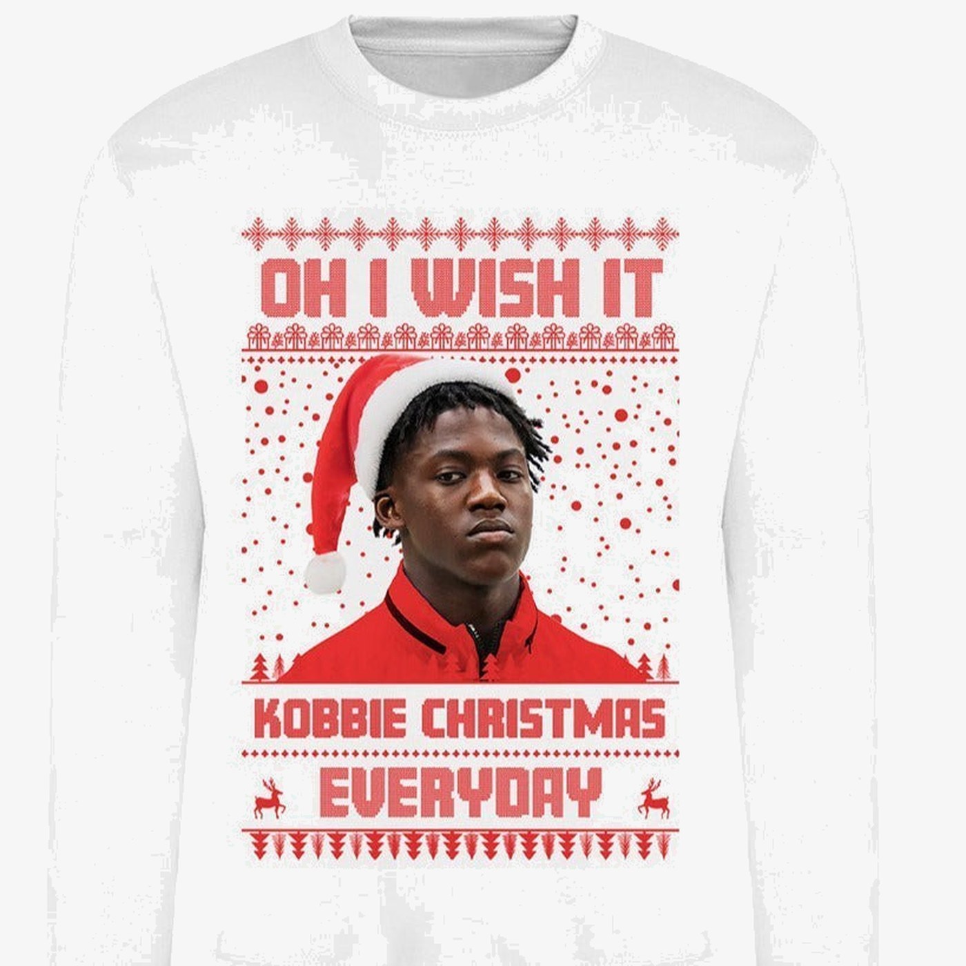 White Kobbie Mainoo Christmas jumper – football fan gift
