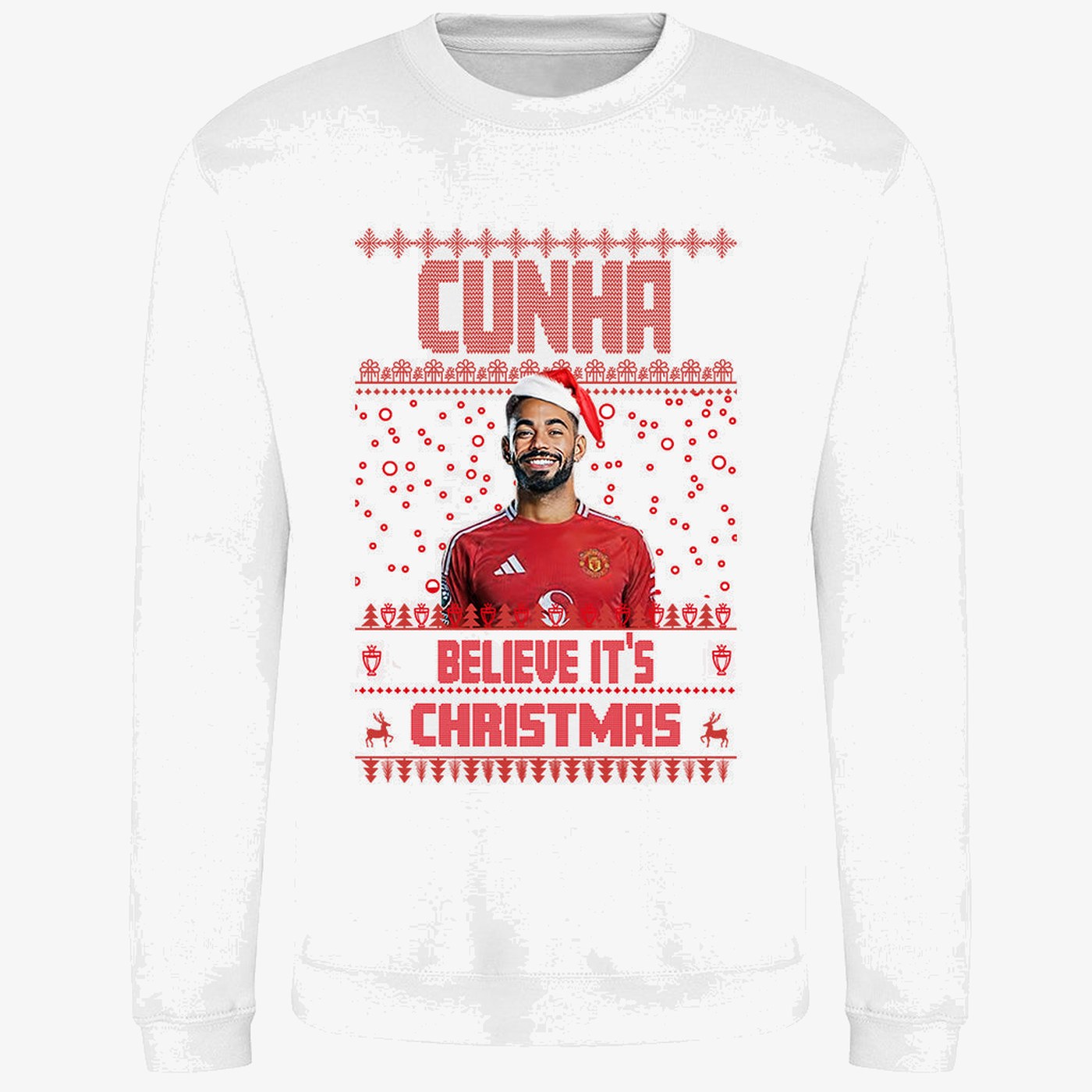 White jumper — Matheus Cunha Christmas Jumper "Cunha Believe It's Christmas" - Manchester United Fan Gift