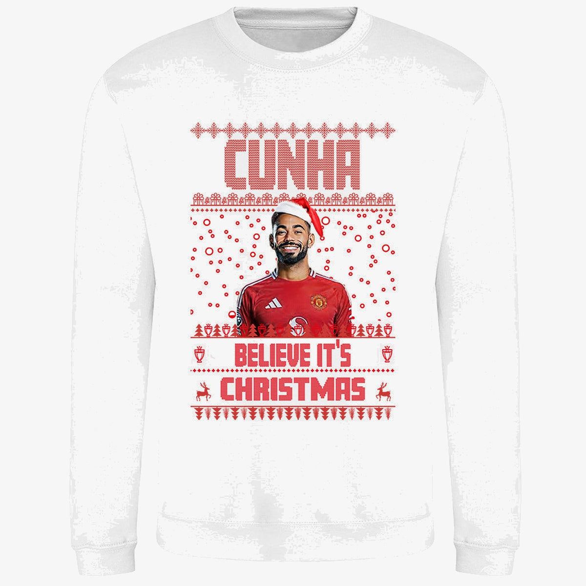 White jumper — Matheus Cunha Christmas Jumper "Cunha Believe It's Christmas" - Manchester United Fan Gift