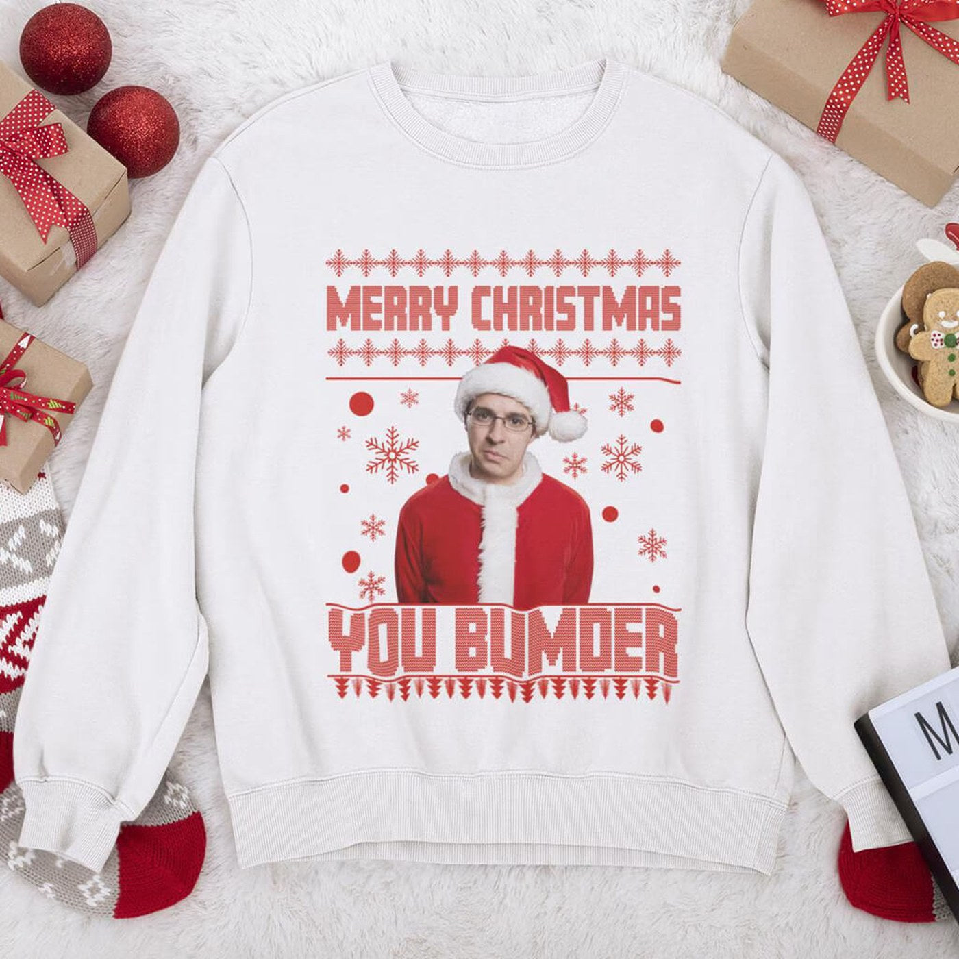 White jumper — Will McKenzie Inbetweeners Christmas Jumper | Funny Inbetweeners Quote “Merry Christmas You Bumder” Christmas Sweater