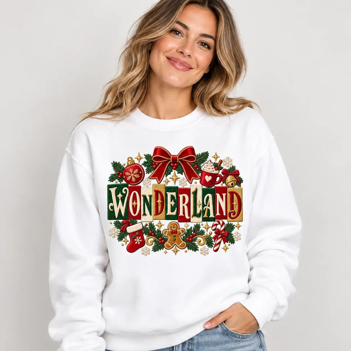 Model wearing Black Wonderland Christmas jumper in a festive setting