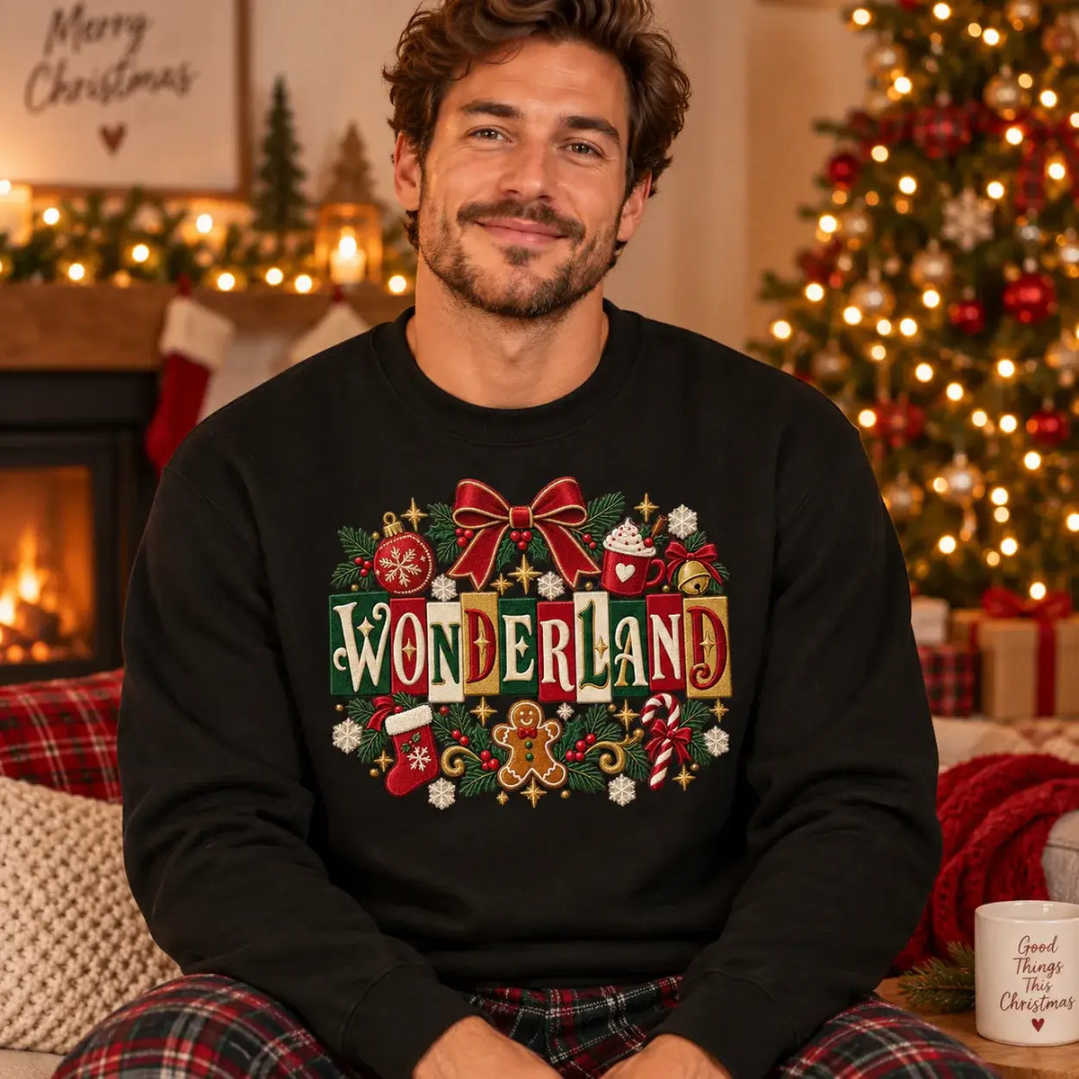 Bottle Green Wonderland Christmas jumper flat lay