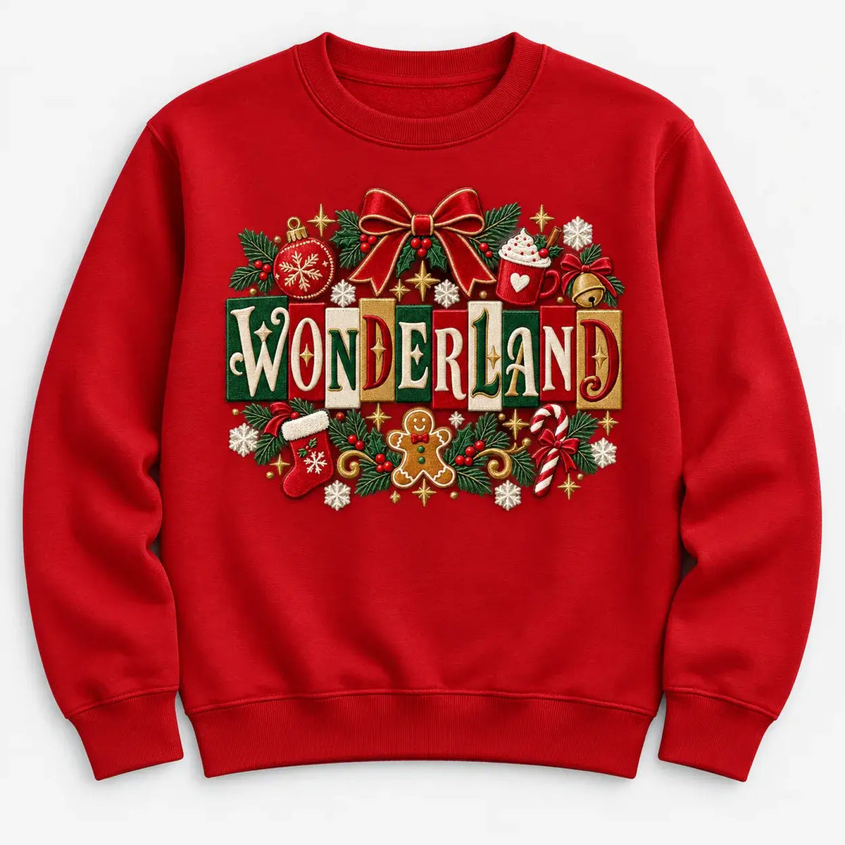 Model wearing Fire Red Wonderland Christmas jumper in a festive setting