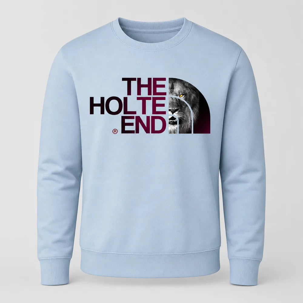 White sweatshirt with 'The Holte End' logo on a gray background